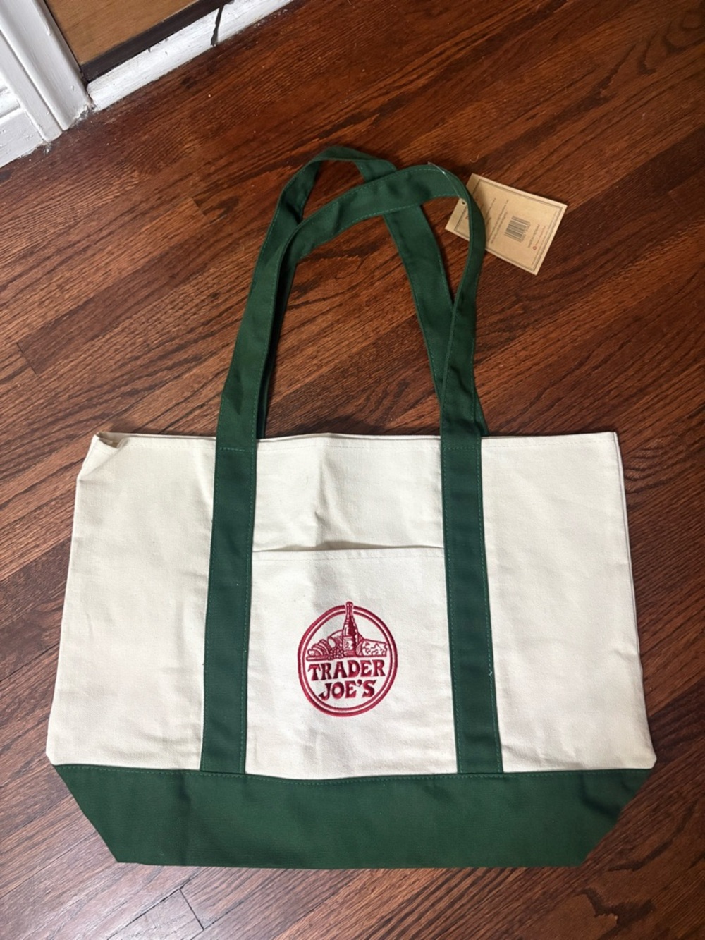 Trader Joe's Canvas Tote Bag in Cream and Green